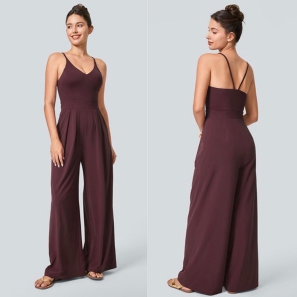HALARA Pants - Halara Breezeful Wide Leg Jumpsuit Backless Pocket Burgundy Size S Flowy Resort